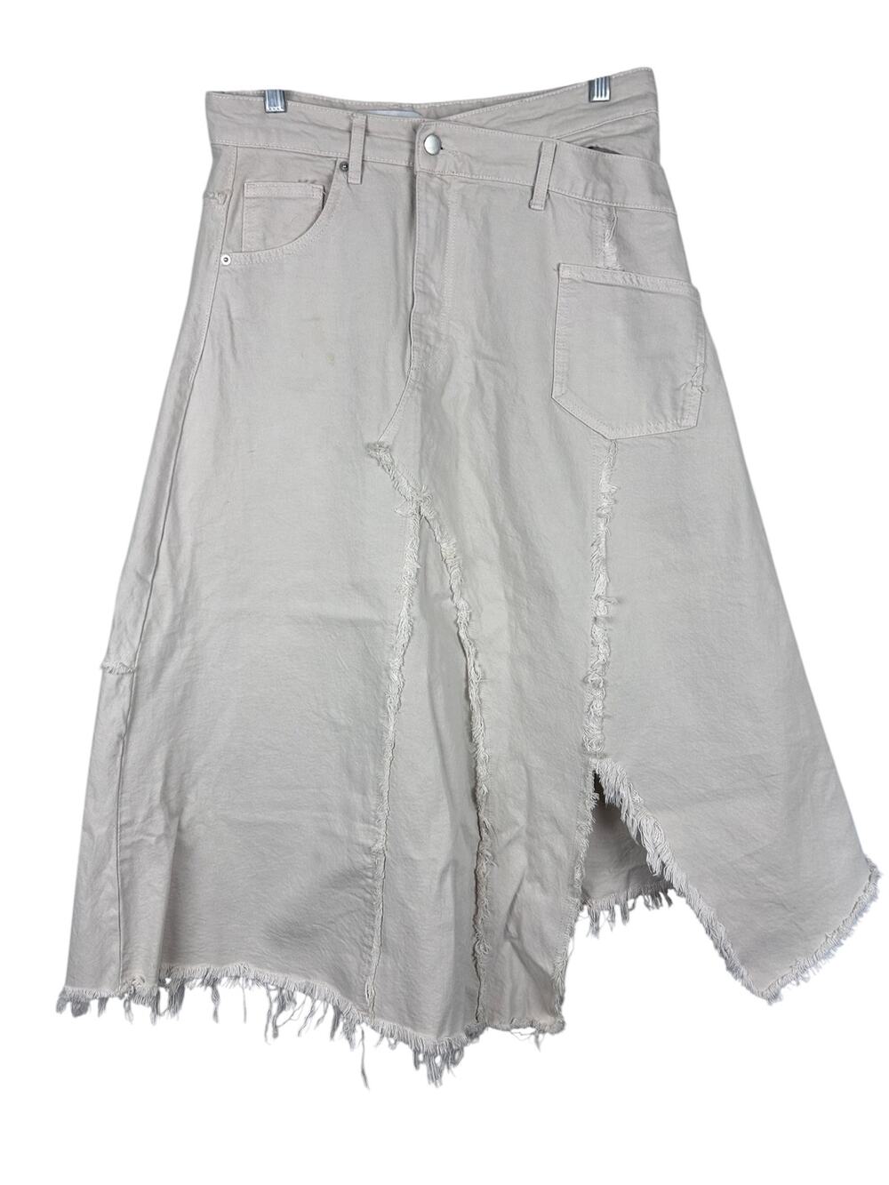Zara Tan Cream Patchwork Frayed Hem Denim Maxi Skirt L